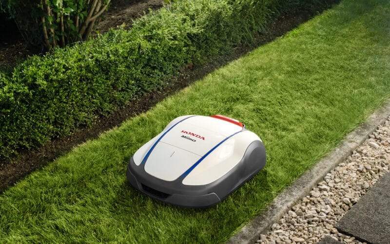 Honda Miimo robotgräsklippare klipper en grön gräsmatta bredvid en grusgång och en häck