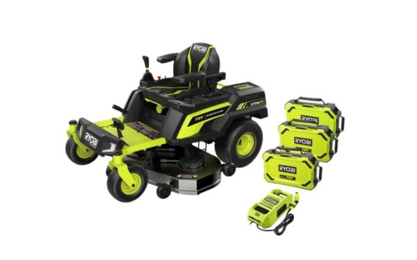 RYOBI åkgräsklippare RY72ZTRX137-310 med laddare på vit bakgrund